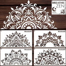 5 Pack Mandala Stencils for Painting, Large Half Mandala Breathe Zen Templates