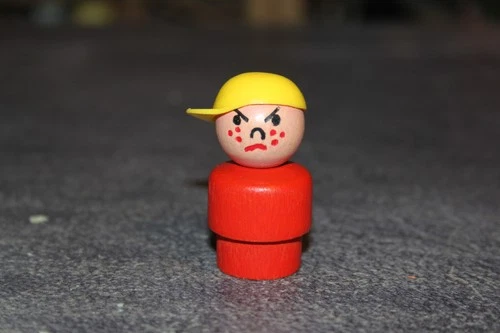 Vintage Fisher Price Little People Angry Boy with Sideways Cap, Red Body,Wooden