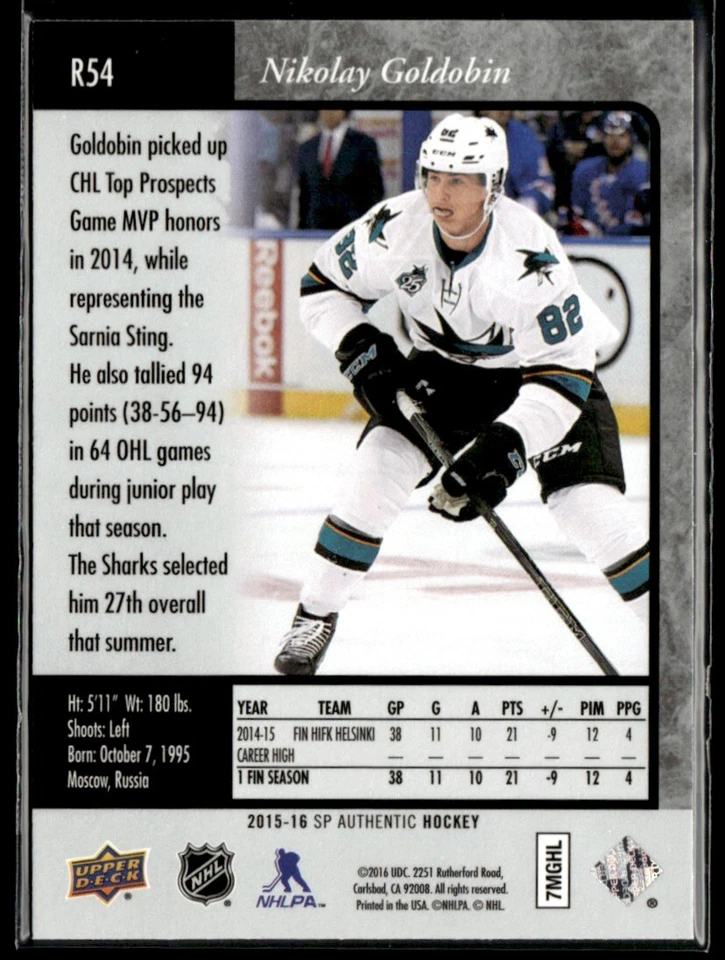 2015-16 SP Authentic 1995-96 Retro Nikolay Goldobin Rookie #R54 - Image 2 of 2