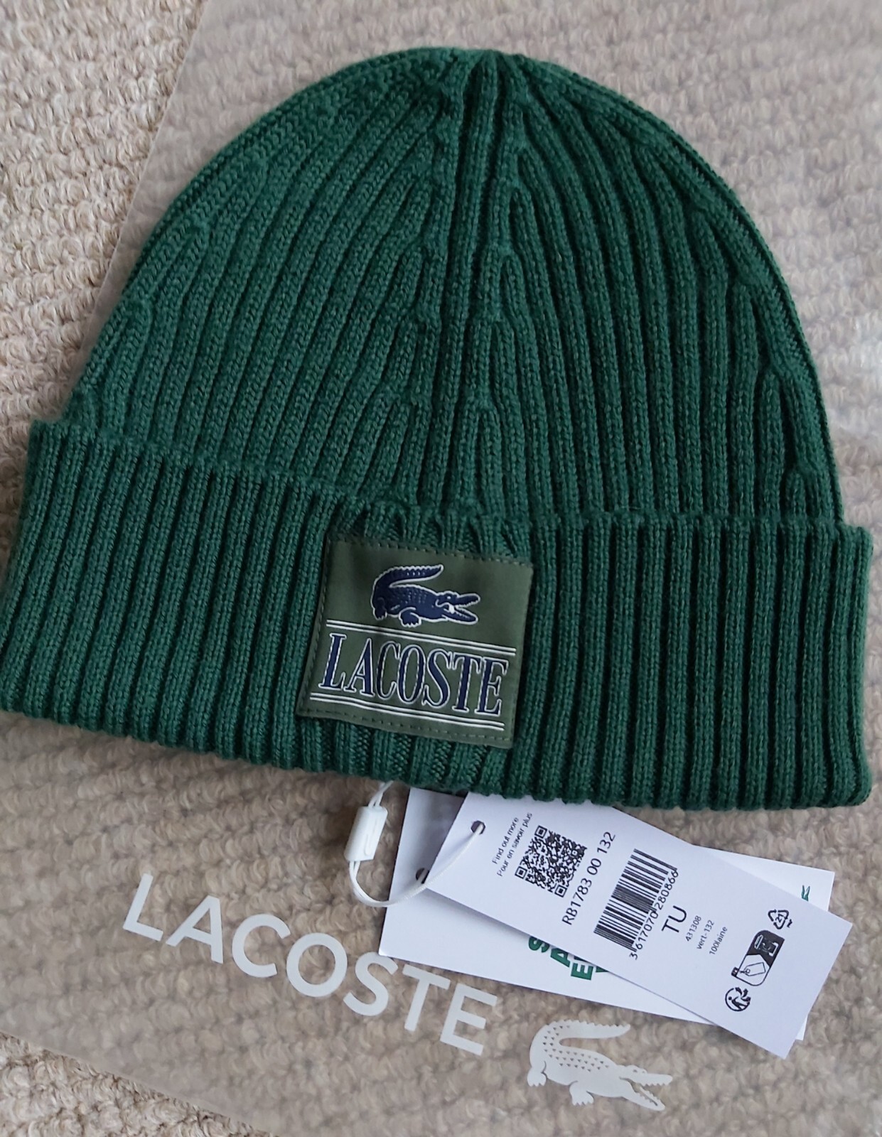 Genuine LACOSTE Pine Green Patch BEANIE Wool Cuff Hat Toque France RB1783 Lac2