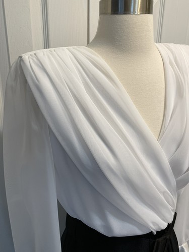 VTG Ursula 8P (PS) White Black Belted Chiffon Midi Length Dress Deep V Belted - Picture 3 of 10