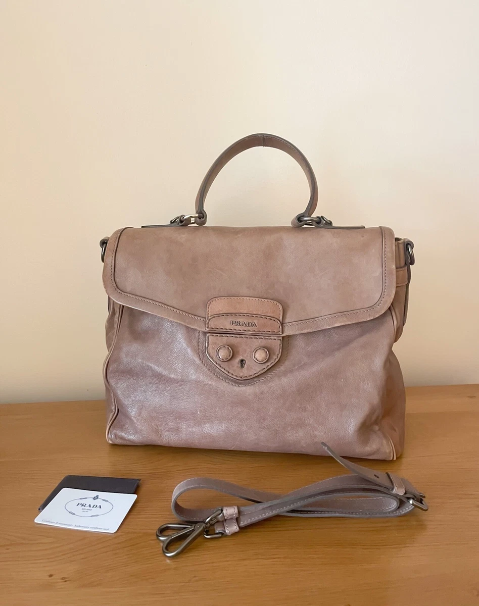 Prada Bag Holdall Brown Taupe Leather Top Handle Shoulder Large