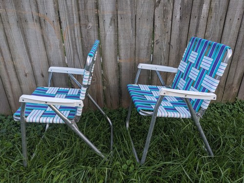 2 Matching Vintage Unbranded Aluminum Webbed Folding Lawn Chair Blue And White - Picture 5 of 7