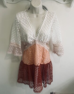 ASOS Occasion peach white embrioded Dress 10 V neck Terracotta Stripe 3/4  Slve | eBay
