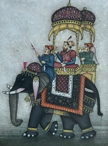 Pintura gouache indio enmarcada sobre mármol — Nobles en procesión sobre elefante - Imagen 3 de 6