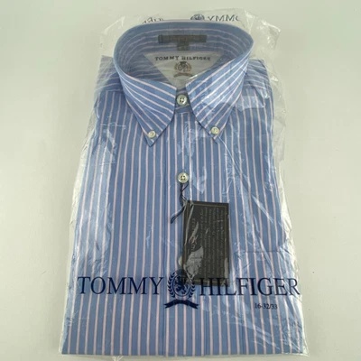 Vintage Tommy Hilfiger Dress Shirt Mens 16 32-33 Blue Pink Stripe NOS NWT 1990s - Image 1 of 4