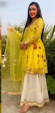 Designer Crep Silk Yellow Top Palazzo With Dupatta For Indian Festival Wear