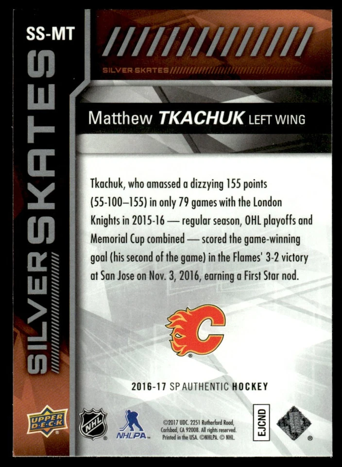 2016-17 SP AUTHENTIC SILVER SKATES Matthew Tkachuk Calgary Flames #SS-MT - Image 2 of 2