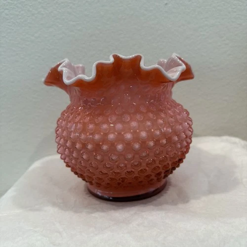 Vintage Fenton Wild Rose Cased White Inlay Hobnail Rose Bowl Vase Ruffled Rim