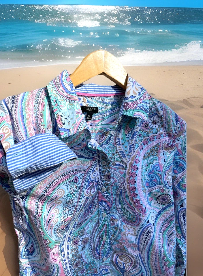 Camisa Talbots Petite Paisley Abotonada Colorida Puños Abatibles Algodón Talla Mp Foto 2 de 4