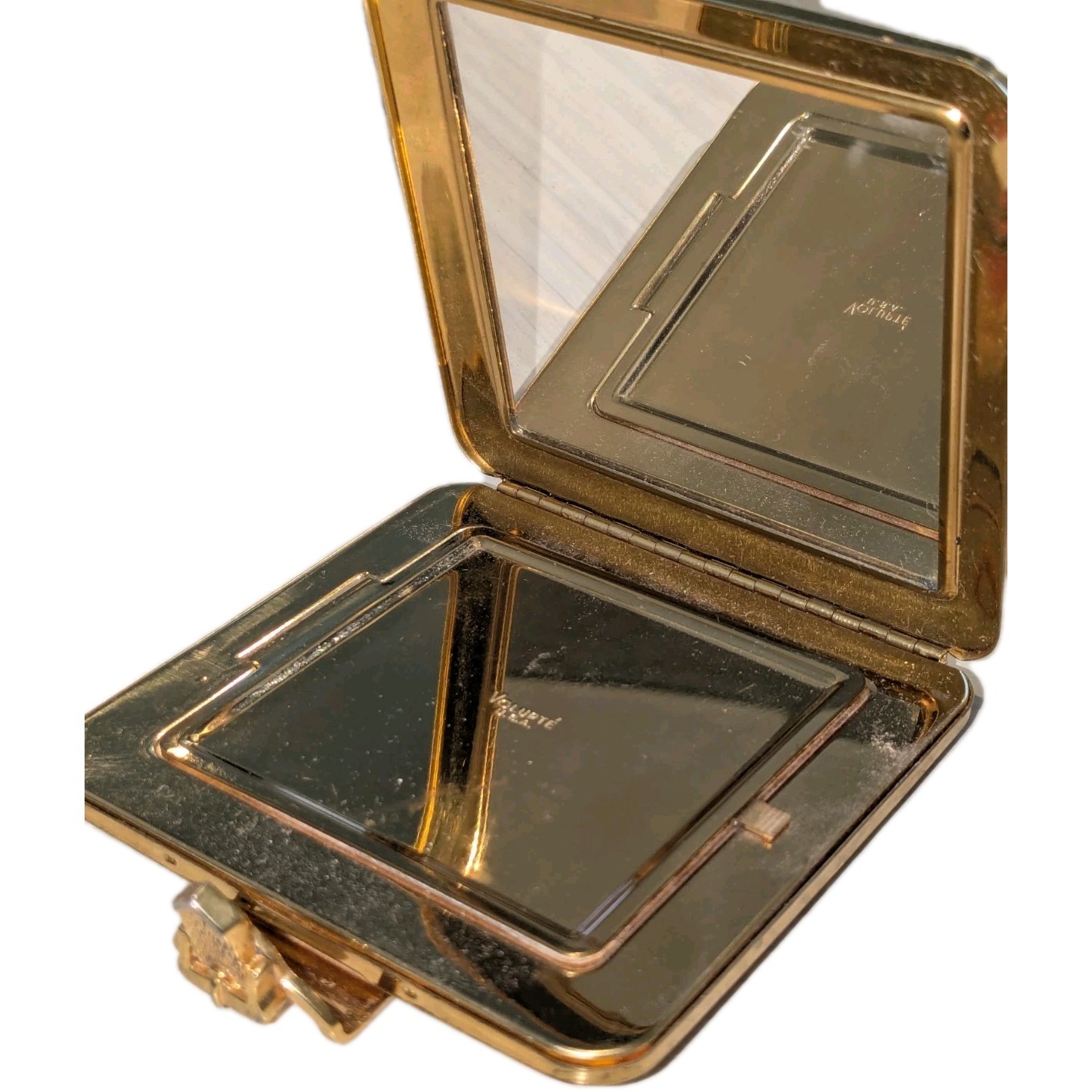 Vintage Volupte Gold Tone Compact Mirror Cute Belt Clasp Makeup Powder EUC 