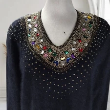 Vintage 90s Black Angora Mini Dress Beaded Neckline Party L Fuzzy Knit Glam