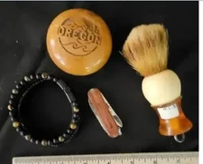 Small Lot of Gentlemens Accessories- Wooden Oregon, Pocket Knife, Shaving Brush