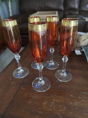 Set Of 5 - Cristalleria Fratelli Fuma Cranberry With Gold  Champagne Glasses