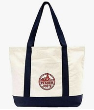 Trader Joe's Reusable Canvas Eco Tote Bag Heavy Duty Bag Blue White Brand New 