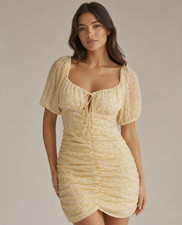 Free People Yellow Floral Ruched Puff Sleeve Open Back Mini Dress M
