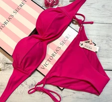Victoria's Secret Swim Twist Front Strapless Blaze Bandeau Side Bottom Set Pink