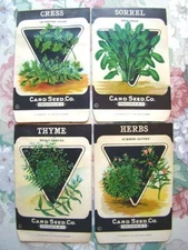4 Antique Assorted 'CARD SEED CO' Herb PACKETS, Country Store, Unused
