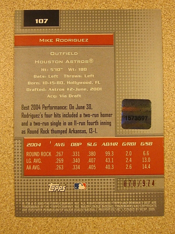 2005 BOWMAN'S BEST #107 MIKE RODRIGUEZ AUTO SIGNED HOUSTON ASTROS 070/974 - Image 2 of 2