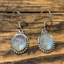 Sterling 925 Silver Moonstone Cabochon Dangle Handmade Women Earrings
