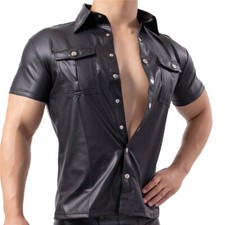 New Mens Wetlook PVC Leather Shirts Casual Button-up T-Shirts Fetish Club Stage 