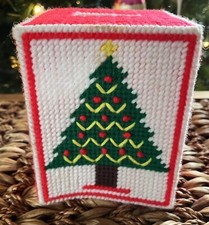 Handmade Plastic Canvas Christmas Tree w/Red Ornaments Tissue Box