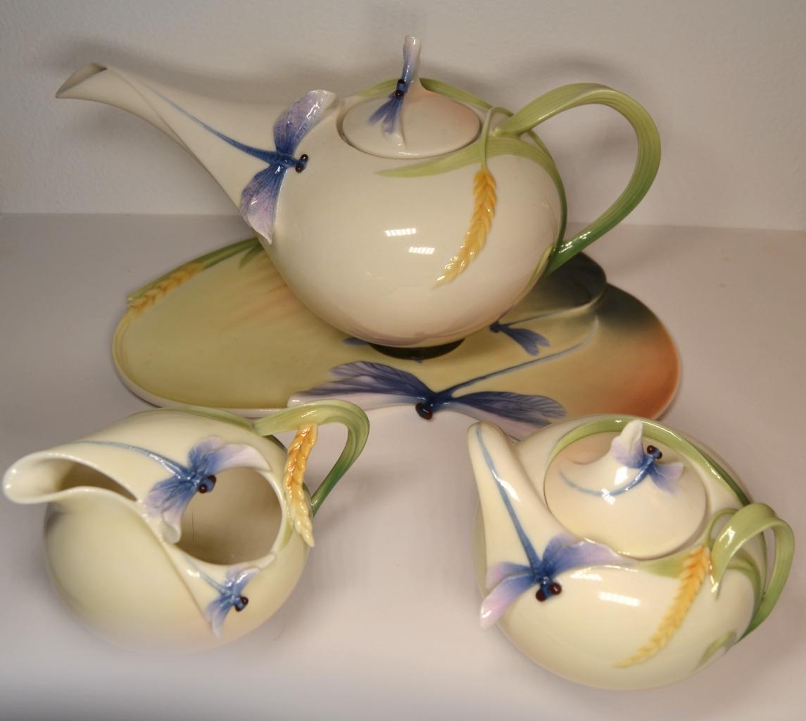Vintage Art Nouveau Franz Dragonfly Porcelain Tea Set Signed by