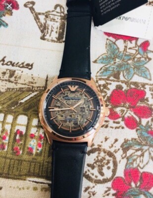 Emporio Armani Meccanico AR60004 Gold Bezel & Black Leather Strap