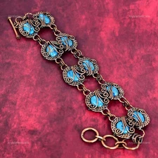 Copper Blue Turquoise Gemstone Copper Chain Boho Wire Wrapped Bracelet Jewelry