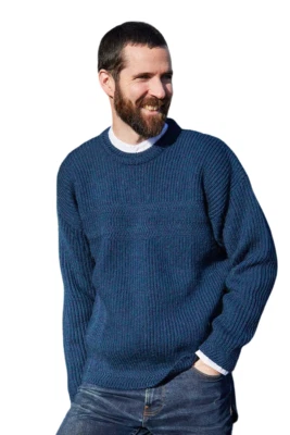 Pull pêcheur homme 100 % pure laine neuve col rond bleu océan tricot irlandais - Photo 1/4