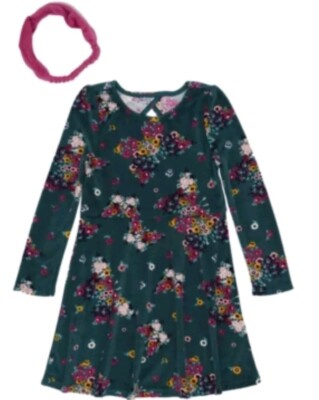 Epic Threads Toddler Girls Long Sleeve Floral Print Velour Dress with Headwrap 2