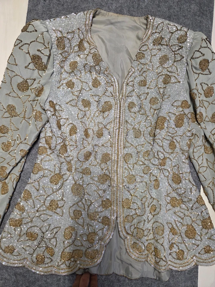 Jaqueta casaco feminina estampada longa linha A saia verde sálvia zíper trabalho manual - Imagem 3 de 4