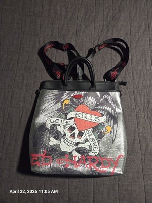Ed Hardy Metallic Skull Heart Tote Backpack in Silver and Black Ed Hardy Skull and Heart Embossed Backpack | Mercari main image 4