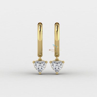 1 TCW Heart Cut Lab Grown Diamond 14K Yellow Gold Solitaire Drop Huggie Earrings