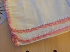 .Handmade White Flannel Receiving Blanket Pink Crocheted Edging