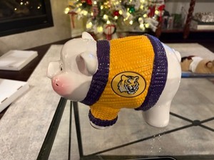 Ceramic LSU Louisiana State University Gold & Purple Piggy Bank 10” x 6.25”