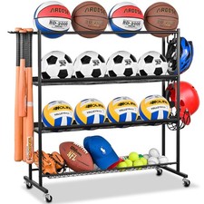 Basketball Rack, Ball Storage with Baseball Bat Holder, Rolling Ball rack wit...