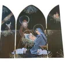 Triptych Hand Painted Nativity Scene Wood Tole 1983 9"x 10" Signed On Back