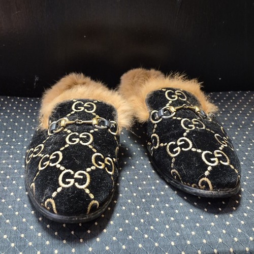 Mens Gucci Black Velvet Fur Lined Logo Print Mule Slippers Horsebit Slip-On 