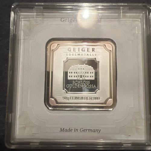Geiger!  50 Gram Silver Square Bar .999 Fine Silver Sealed In Assay