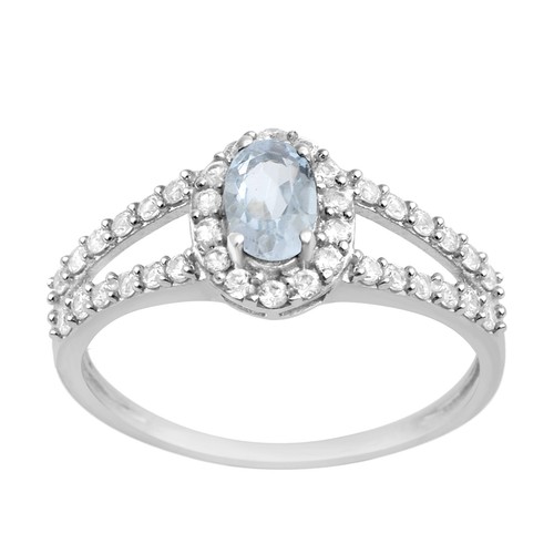 925 Sterling Silver Oval Aquamarine Solitaire with Accents Women Ring - Picture 2 of 7