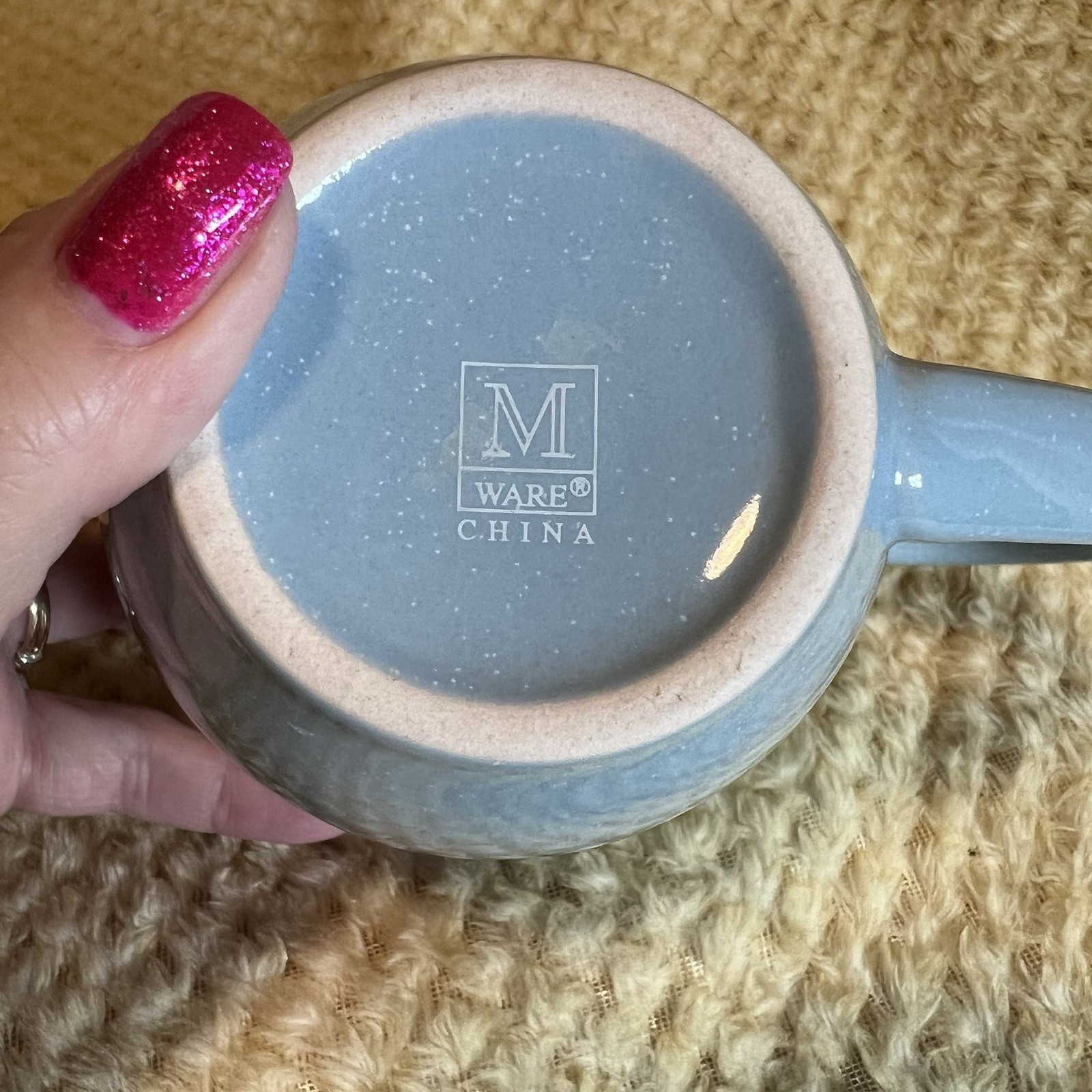 M Ware New York NY Blue Speckled Ceramic Coffee Mug Cup Brown Rim 16oz