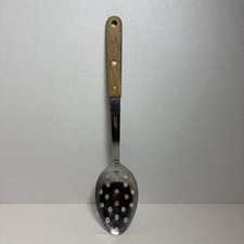 Vintage Robinson Stainless Steel Slotted Serving Spoon Wood Handle Made in USA