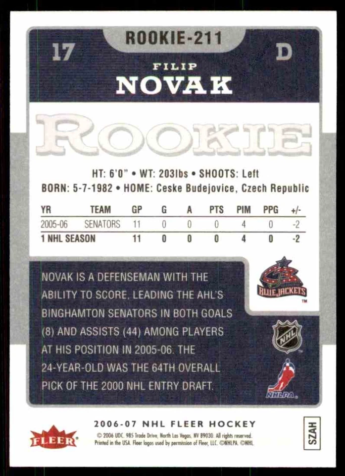 2006-07 NHL FLEER FILIP NOVAK ROOKIE #211 - Image 2 of 2