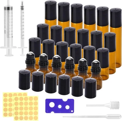 DYMHQ 24Pcs Reusable Amber Roller Bottles Set, 2ml/3ml/5ml/10ml Portable Empty Roller
