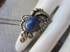 Vintage Hand Crafted Native American Lapis STERLING SILVER Leaf Long RING Sz 7