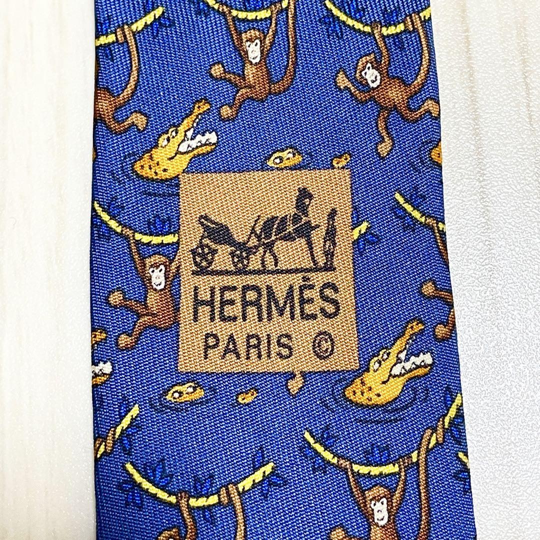 Hermès Necktie Monkey Crocodile Pattern Blue Used - image 3