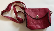 Red Leather Suede Vintage Hand Tooled Cross Body Bag Purse Turn Latch Floral
