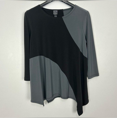 Clara Sun Woo Color Block Angle Flow Tunic Top Women s Size L Fluid Knit Neutral