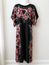 Warm 100% Silk Floral Maxi Dress Black Pink Kimono Sleeve L
